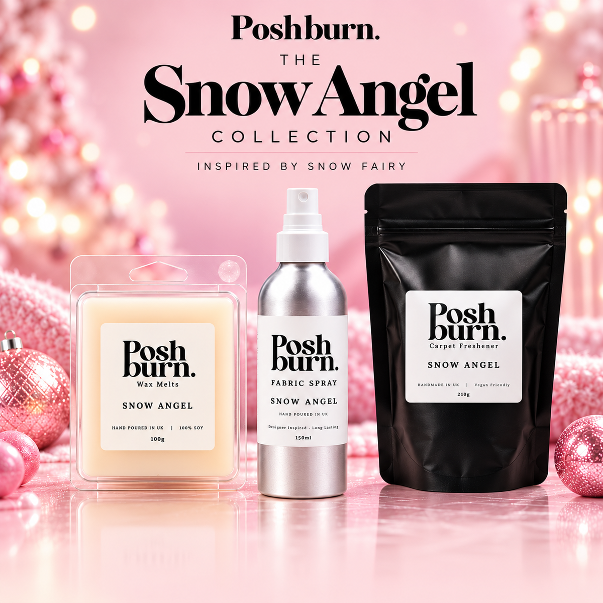 PoshBurn Snow Angel collection with wax melts, fabric spray and carpet freshener